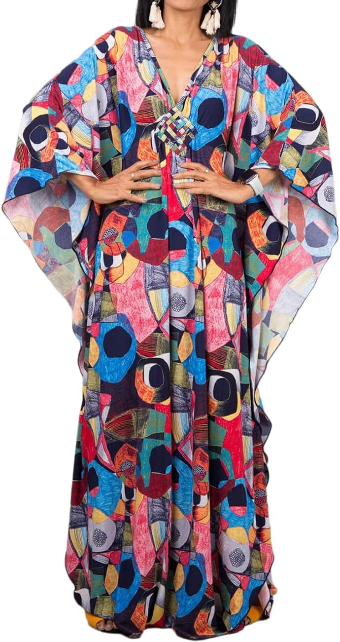 Bsubseach Women Ethnic Print Kaftan Beach Dress Plus Size Swimsuit Cover Up - Image 1